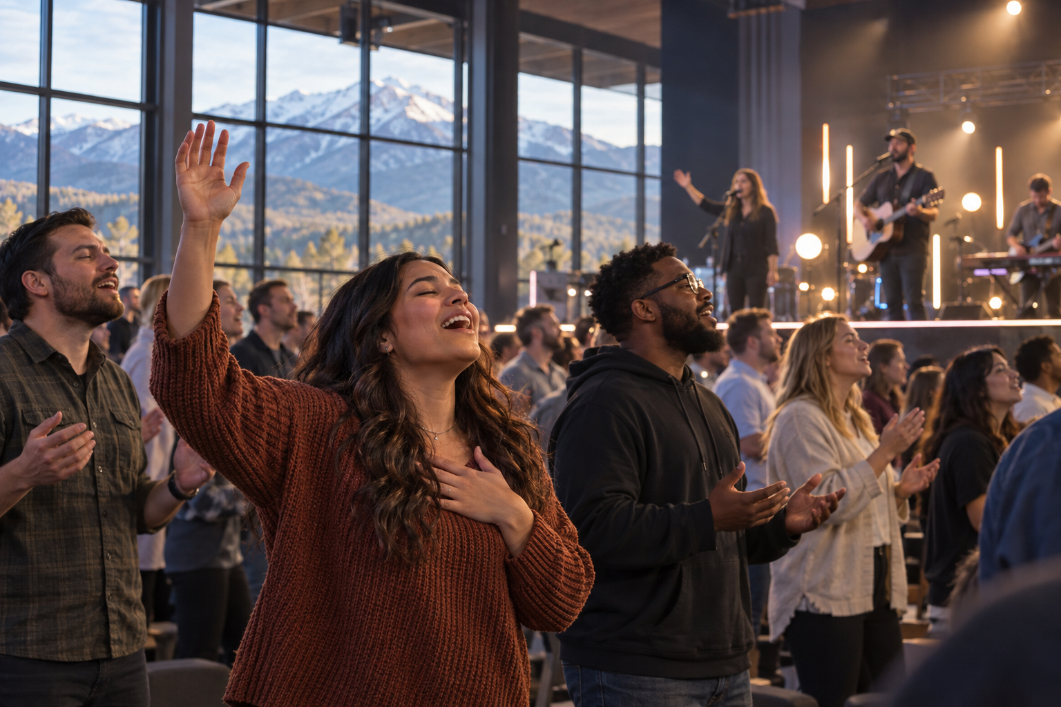 Illustration of people raising their hands during a worship night