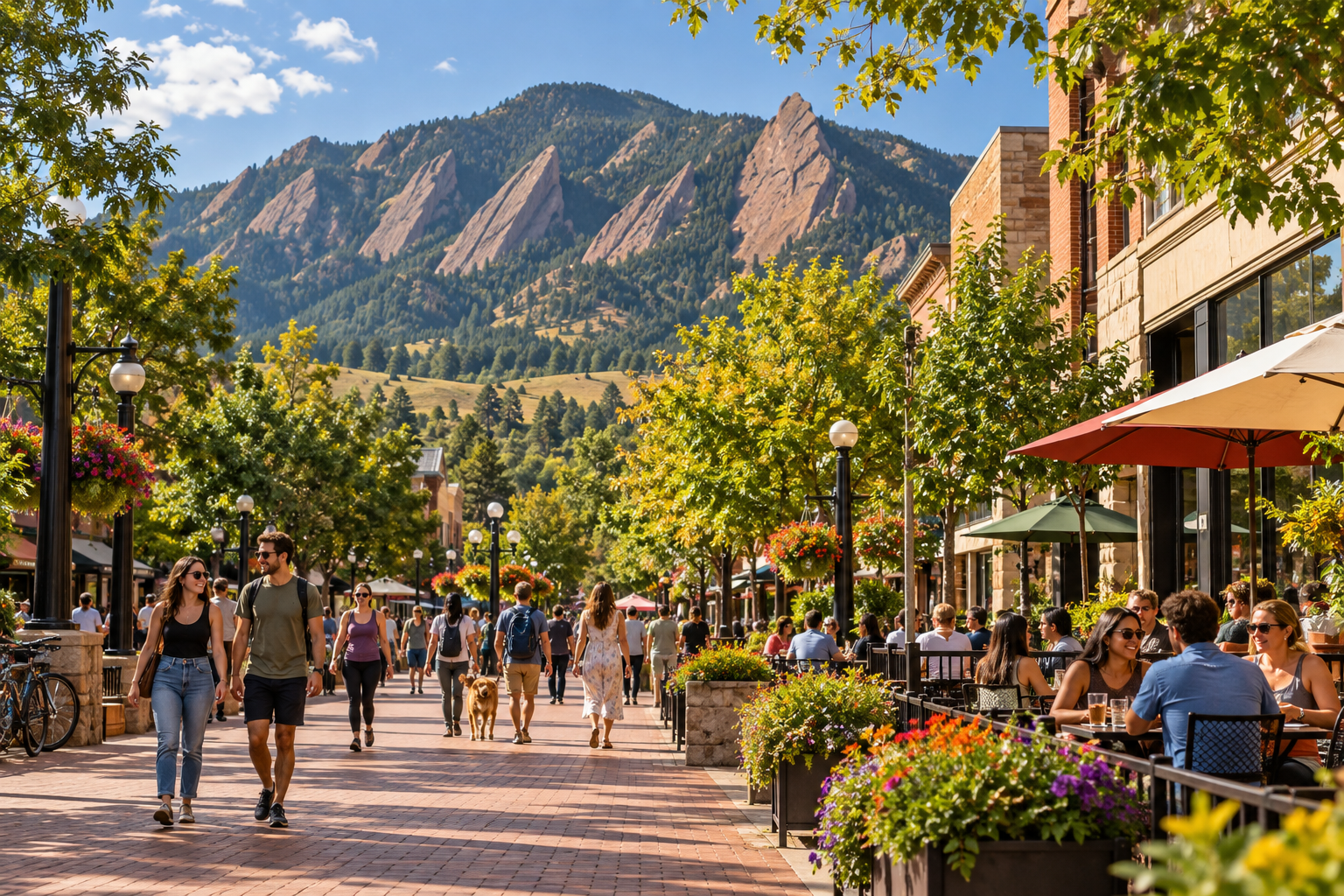 Illustration of a fall street scene in Boulder, Colorado, with the Flatirons behind